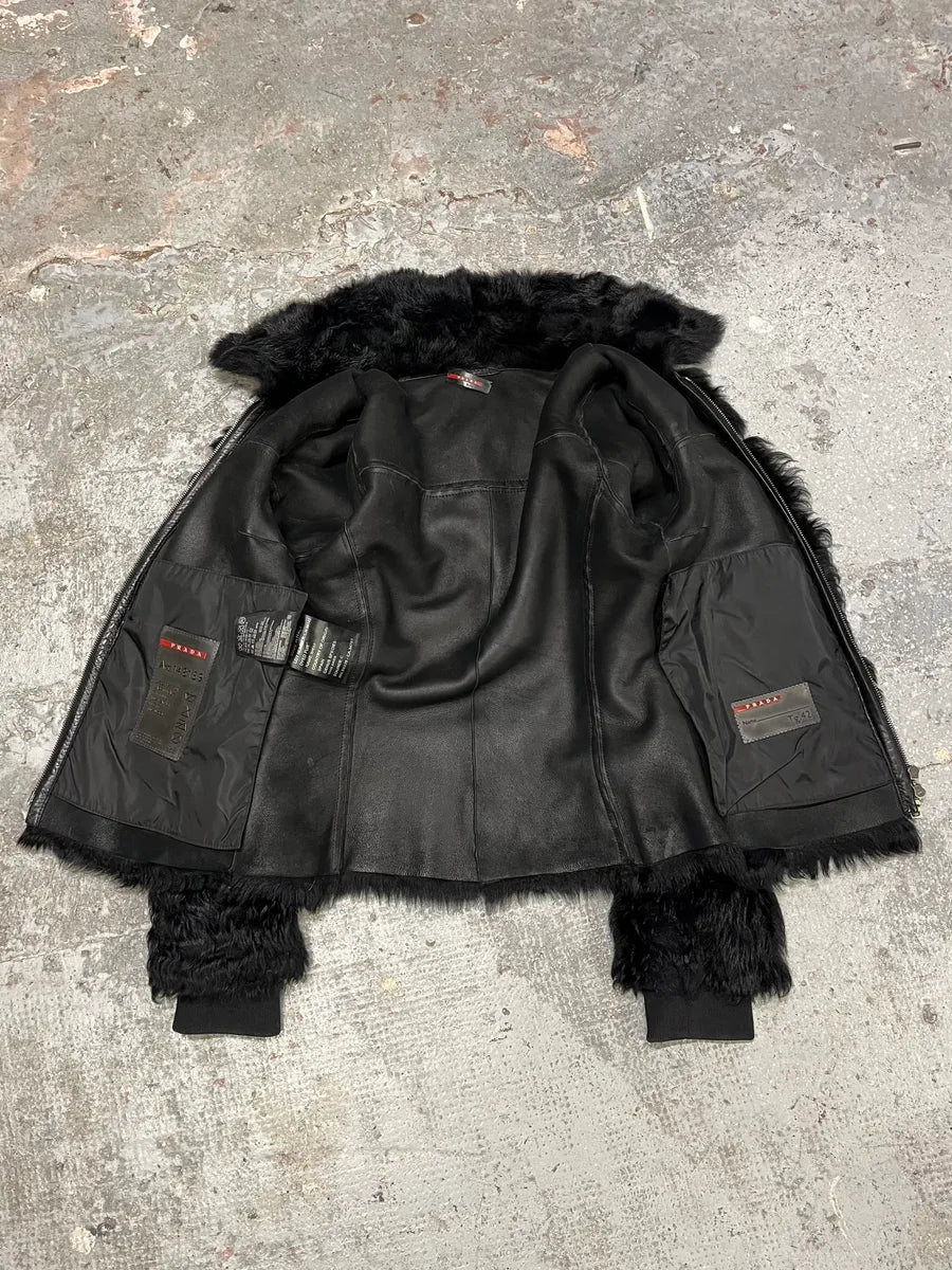 2000s Prada Black Sheep Fur Leather Jacket (S/M) BzDgesT 8