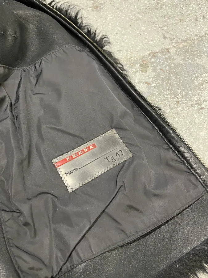 2000s Prada Black Sheep Fur Leather Jacket (S/M) BzDgesT 9