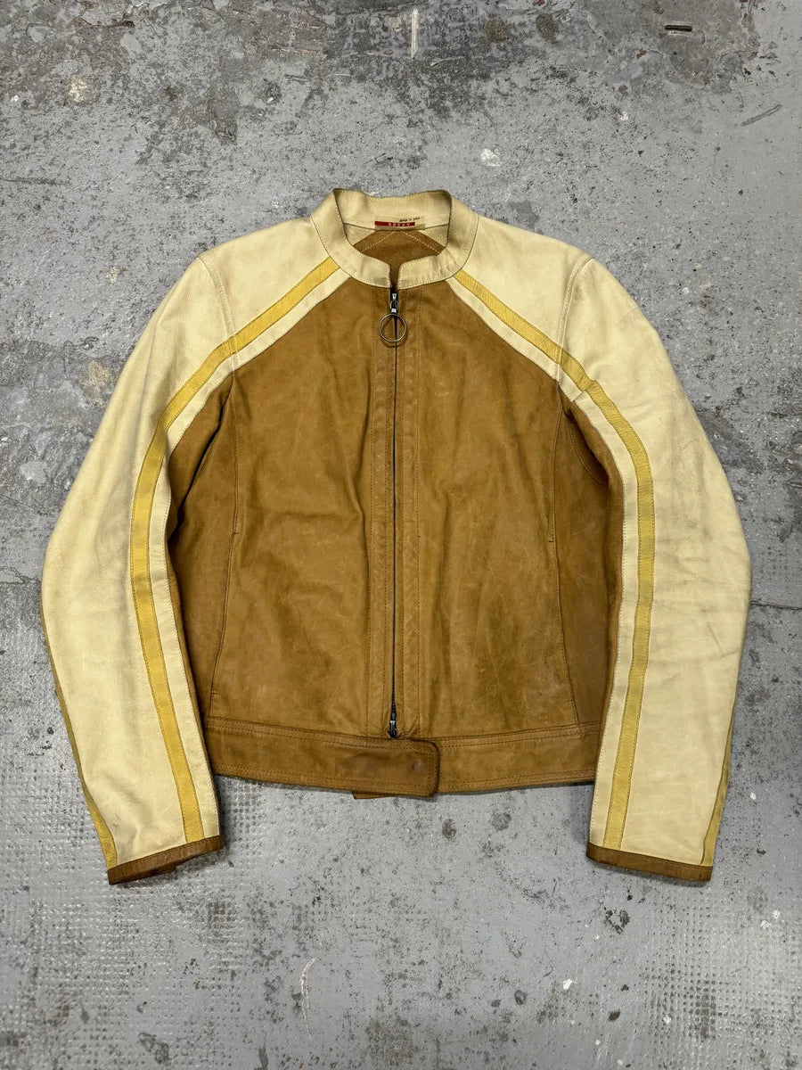 2000s Prada Brown & White Biker Leather Jacket bxedrOZ 0