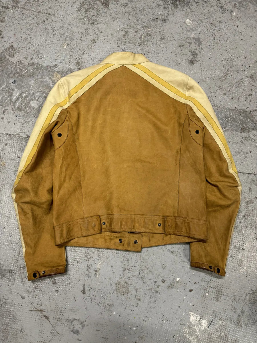 2000s Prada Brown & White Biker Leather Jacket bxedrOZ 1