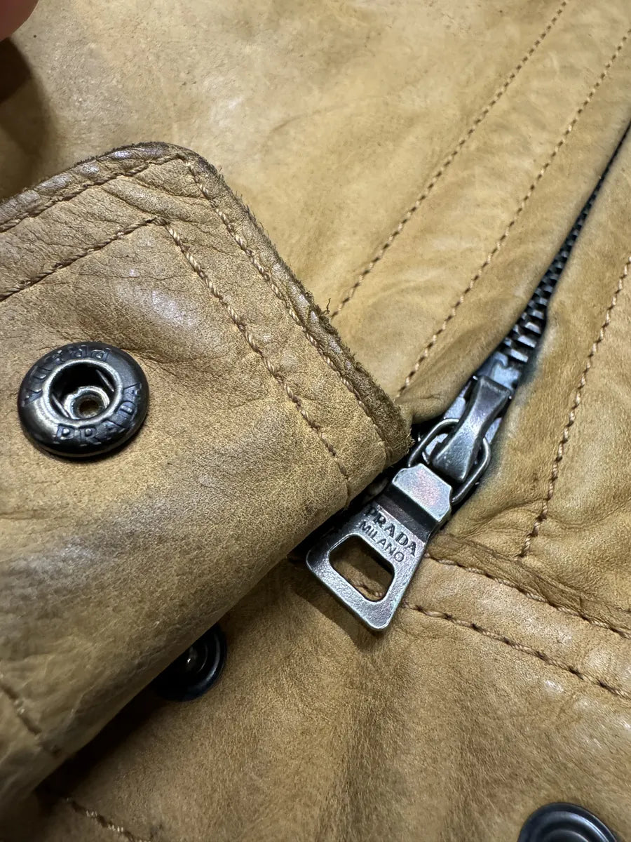 2000s Prada Brown & White Biker Leather Jacket bxedrOZ 10