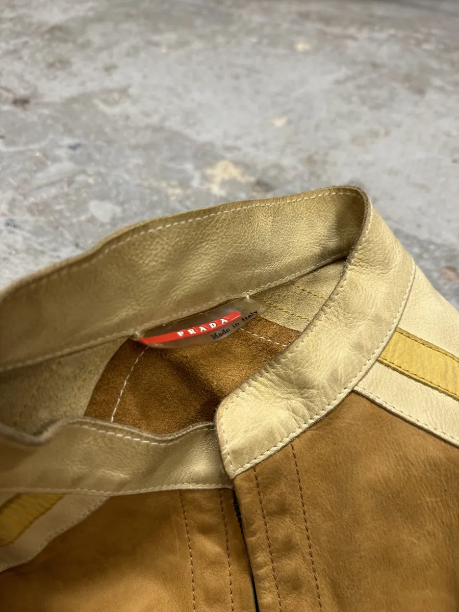 2000s Prada Brown & White Biker Leather Jacket bxedrOZ 9