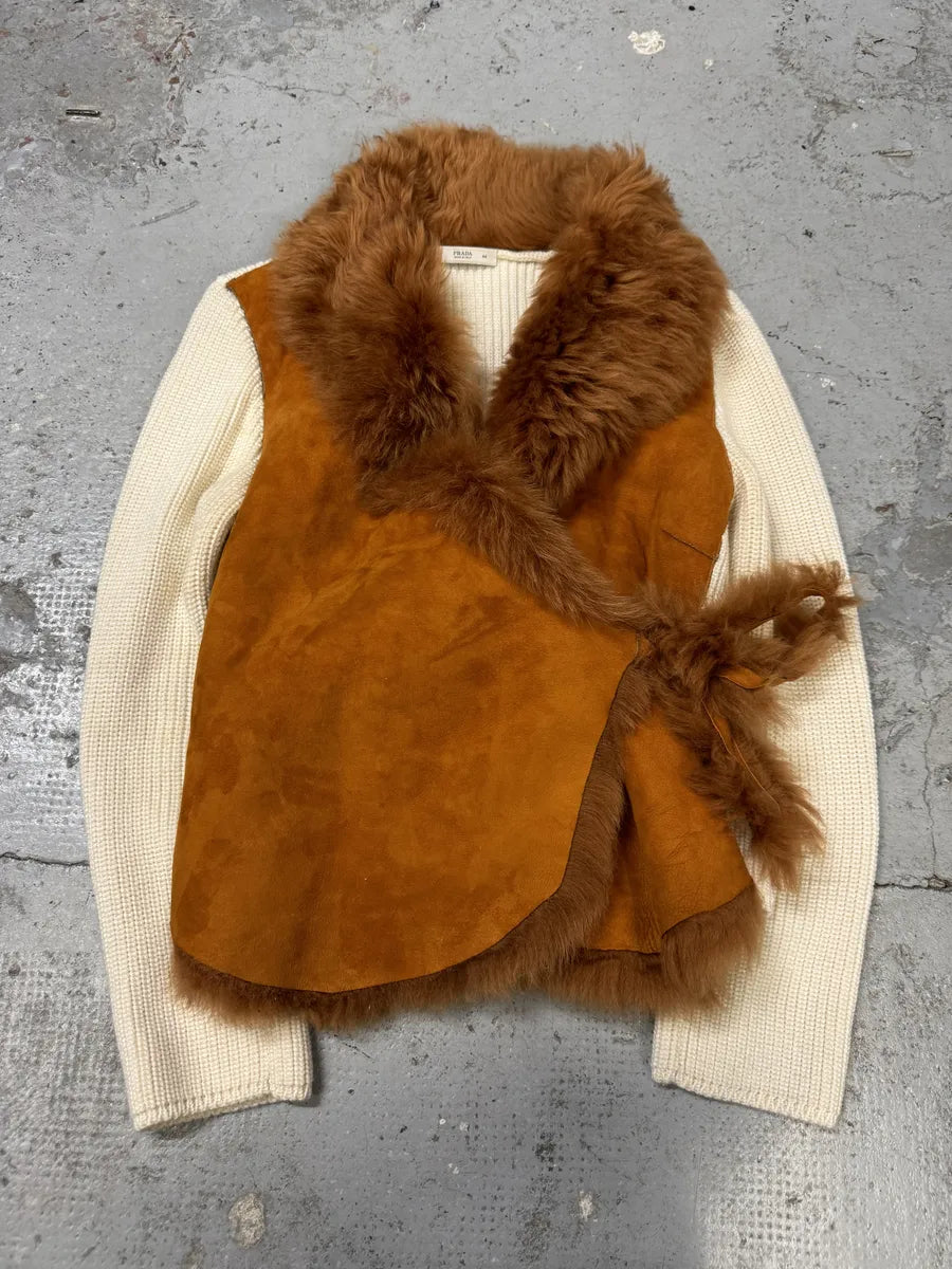 2000s Prada Brown & White Fur Collar Sweater PUFnUaJ 0