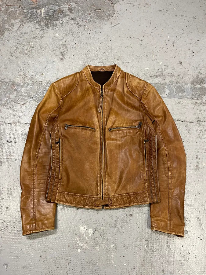 2000s Prada Brown Aged Leather Biker Jacket OeyhZrw 0