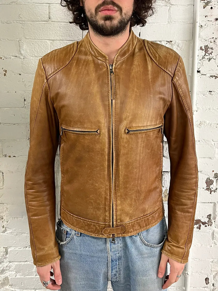 2000s Prada Brown Aged Leather Biker Jacket OeyhZrw 1