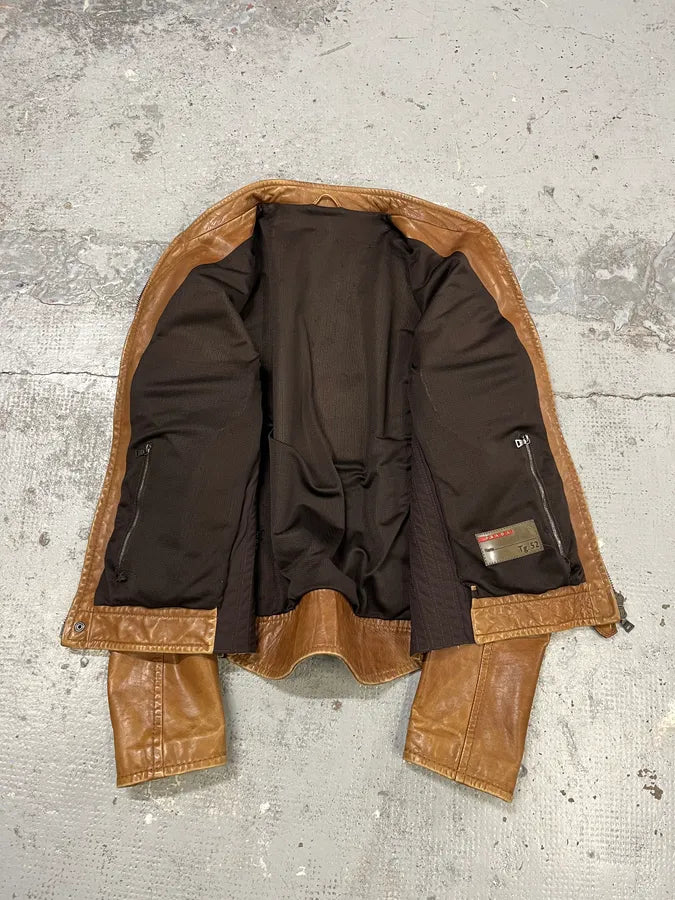 2000s Prada Brown Aged Leather Biker Jacket OeyhZrw 10
