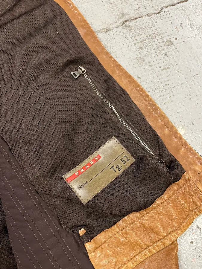 2000s Prada Brown Aged Leather Biker Jacket OeyhZrw 11
