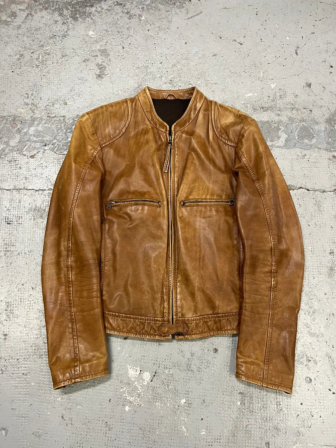 2000s Prada Brown Aged Leather Biker Jacket OeyhZrw 3