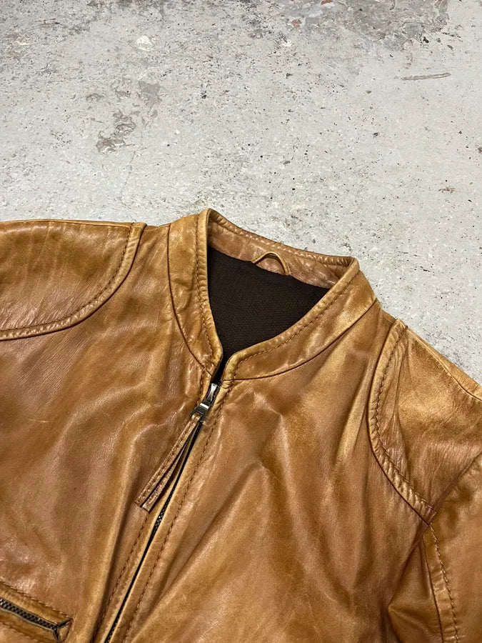 2000s Prada Brown Aged Leather Biker Jacket OeyhZrw 4