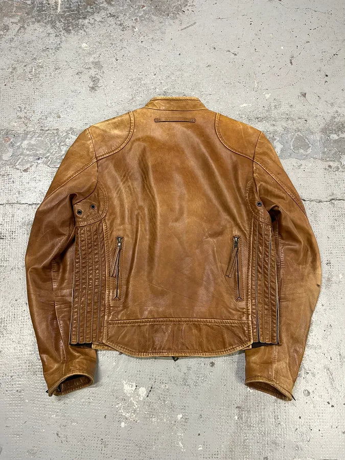 2000s Prada Brown Aged Leather Biker Jacket OeyhZrw 6