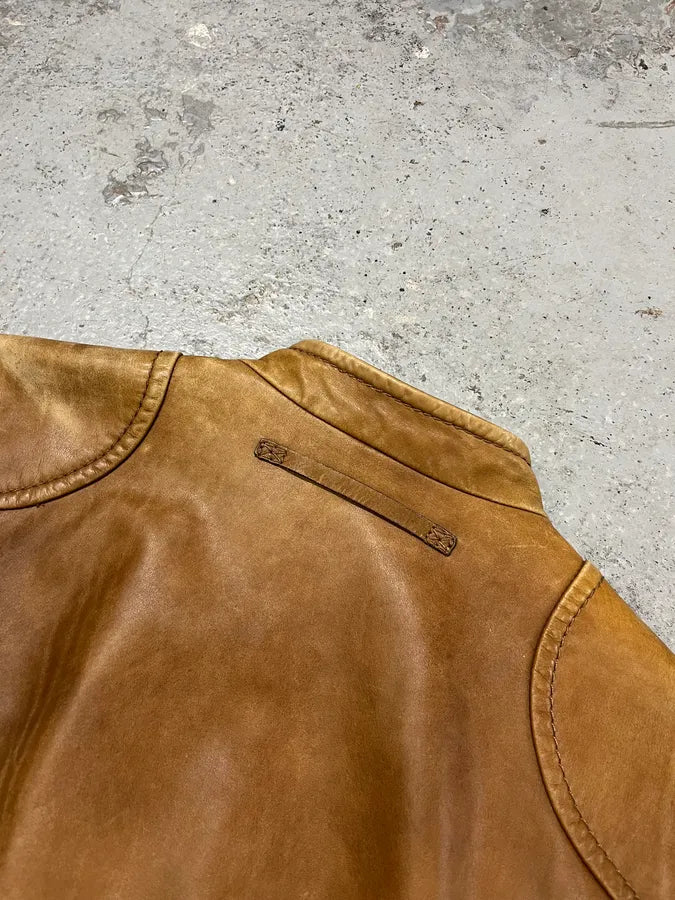2000s Prada Brown Aged Leather Biker Jacket OeyhZrw 7