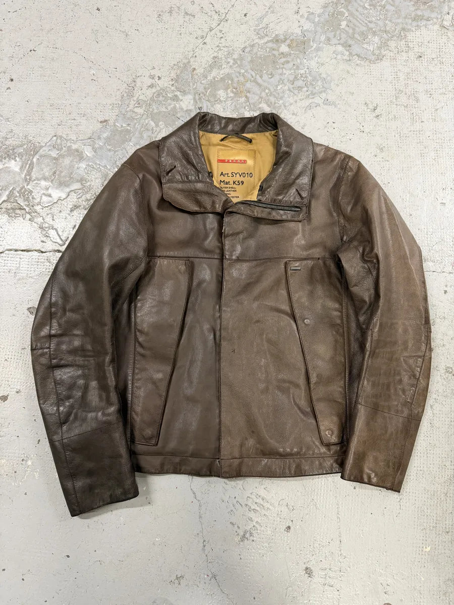 2000s Prada Brown Avant-Garde Biker Leather Jacket ypviiTY 0