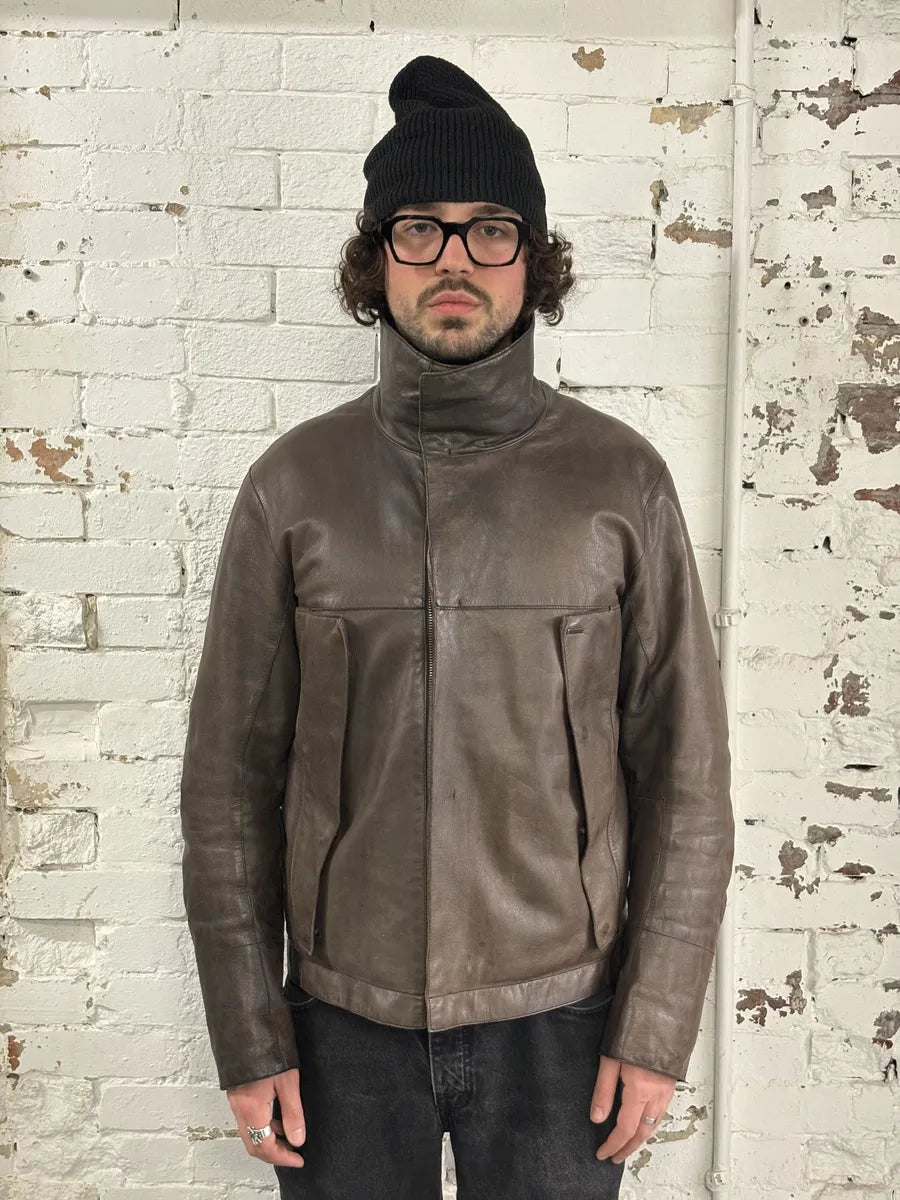 2000s Prada Brown Avant-Garde Biker Leather Jacket ypviiTY 2