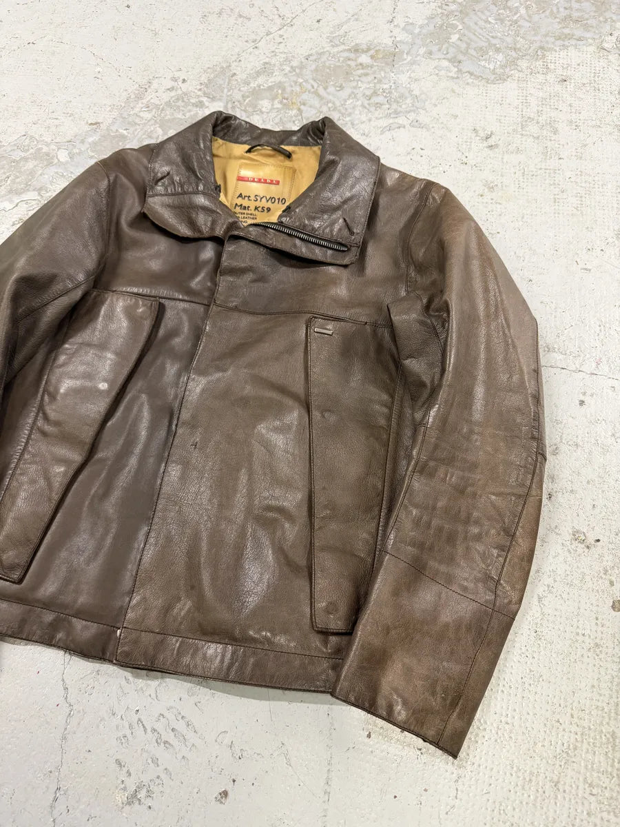 2000s Prada Brown Avant-Garde Biker Leather Jacket ypviiTY 6