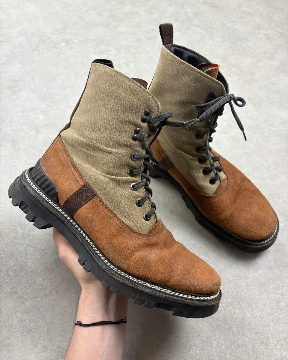 2000s Prada Brown & Beige Suede Leather Lace-Up Combat Boots sJYeSQH 0