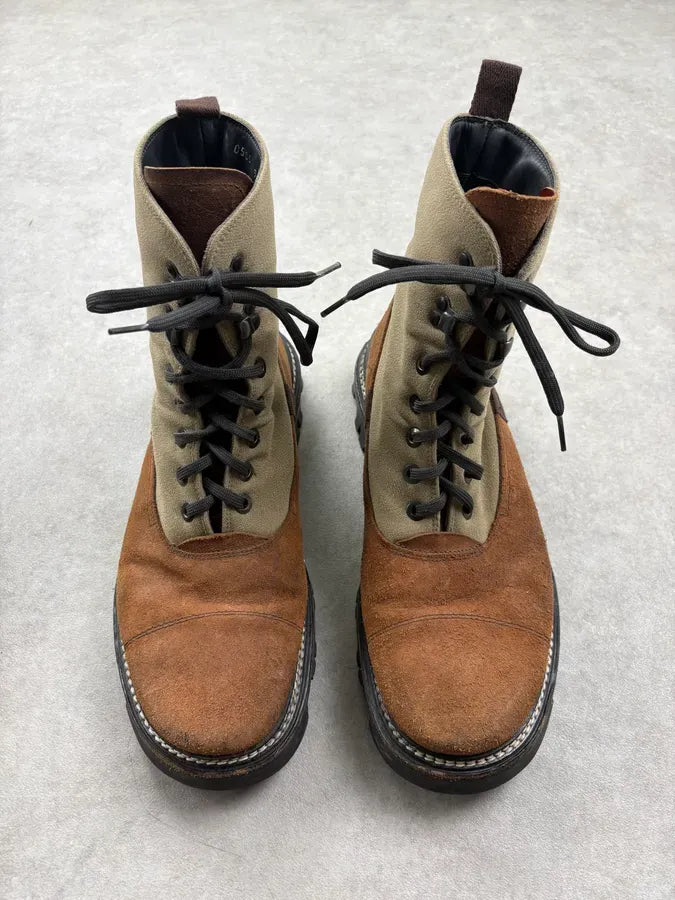 2000s Prada Brown & Beige Suede Leather Lace-Up Combat Boots sJYeSQH 1