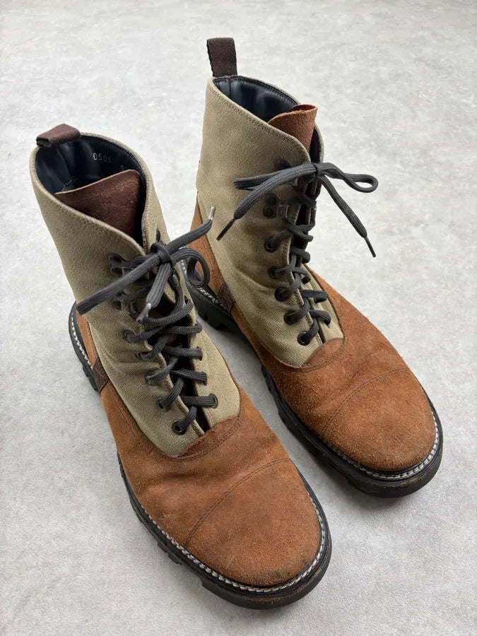 2000s Prada Brown & Beige Suede Leather Lace-Up Combat Boots sJYeSQH 3