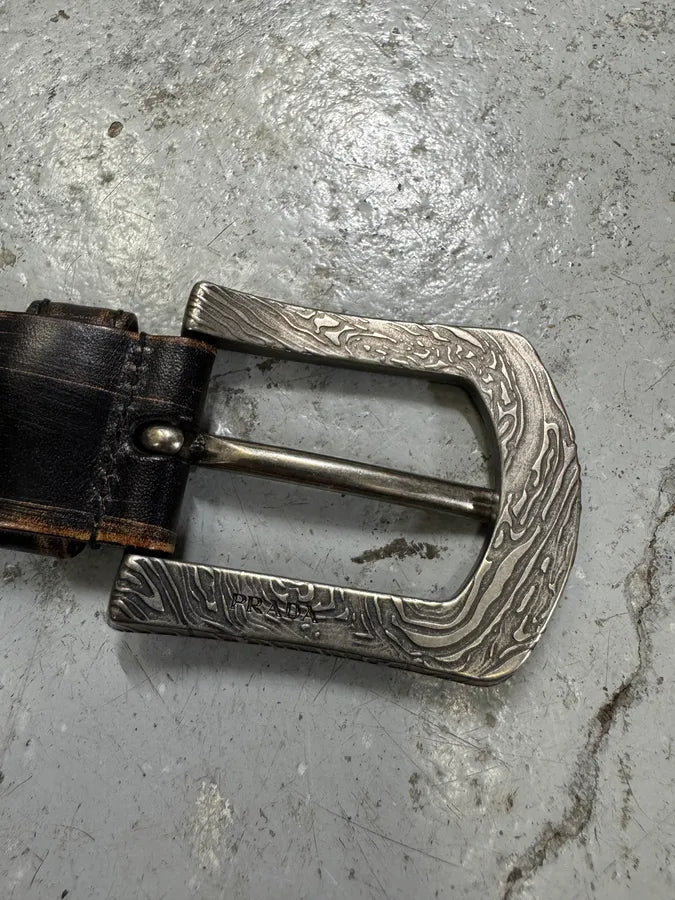 2000s Prada Brown Eroded Premium Leather Belt VjtWyEG 3