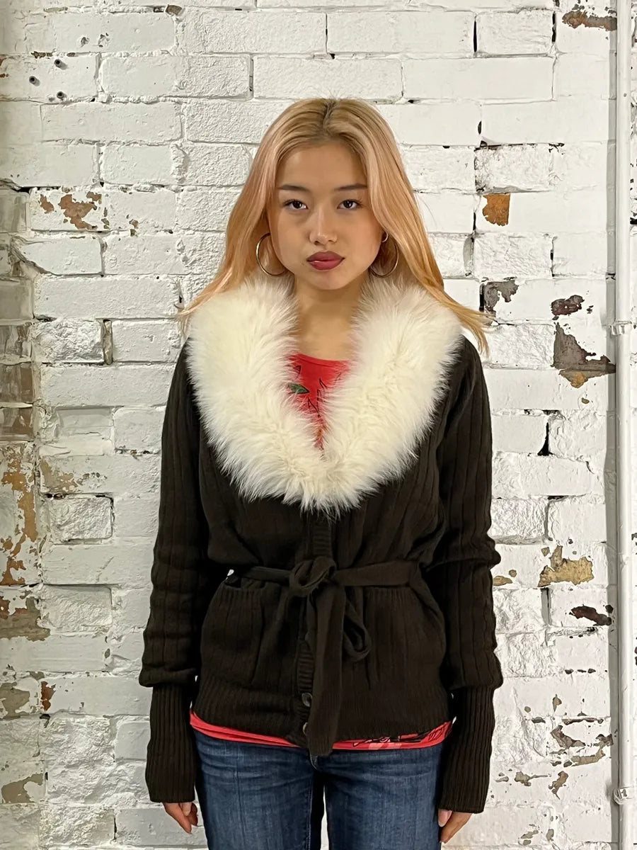 2000s Prada Brown Fur Collar Cardigan Sweater FjBTsqz 0