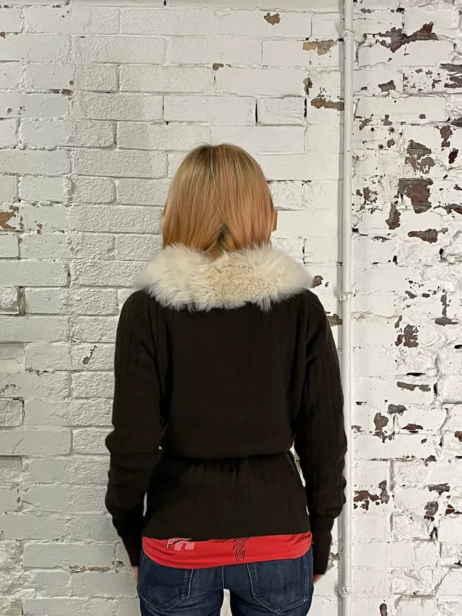 2000s Prada Brown Fur Collar Cardigan Sweater FjBTsqz 2