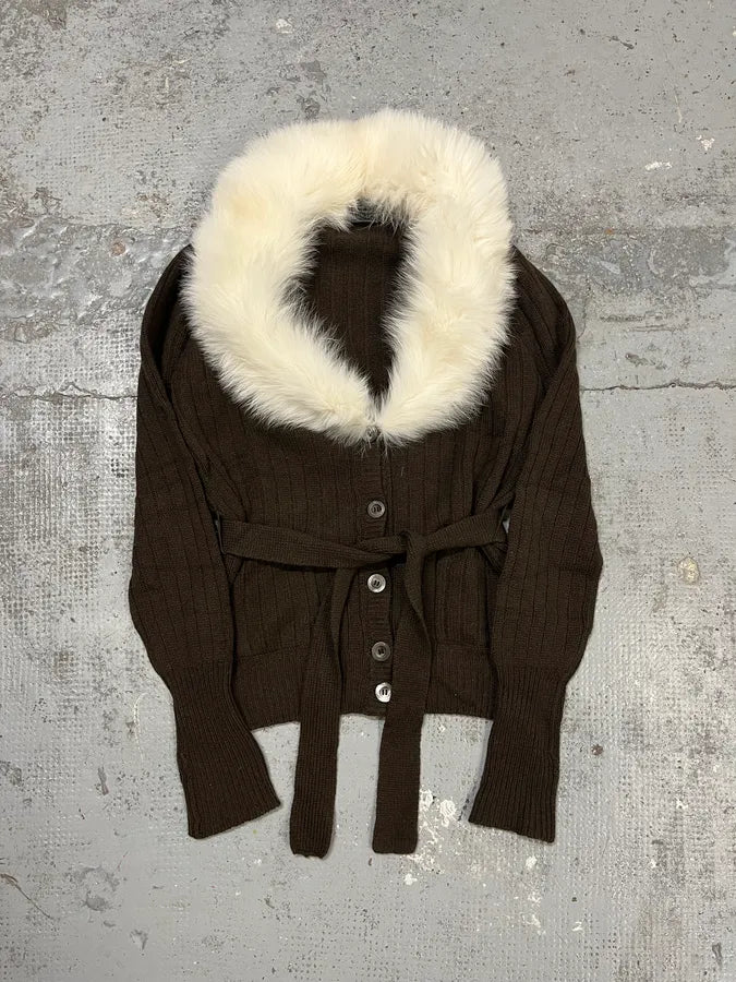 2000s Prada Brown Fur Collar Cardigan Sweater FjBTsqz 3