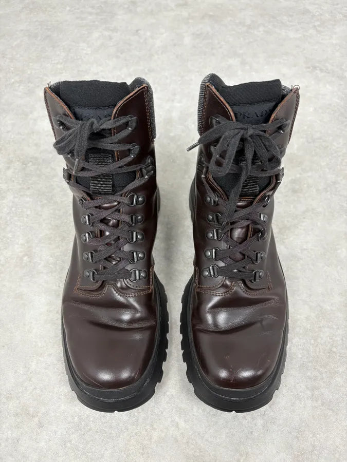 2000s Prada Brown High Leather Chunky Vibram Sole Boots SBMVwKZ 1