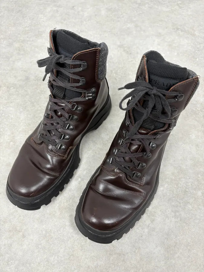 2000s Prada Brown High Leather Chunky Vibram Sole Boots SBMVwKZ 2