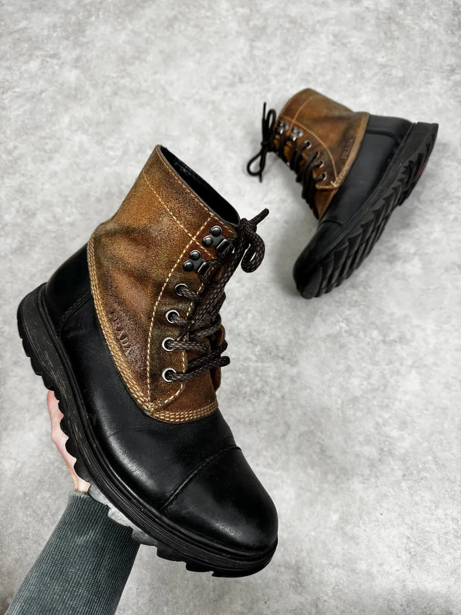 2000s Prada Brown Hybrid Suede Leather Hiking Boots rQXZUuE 0