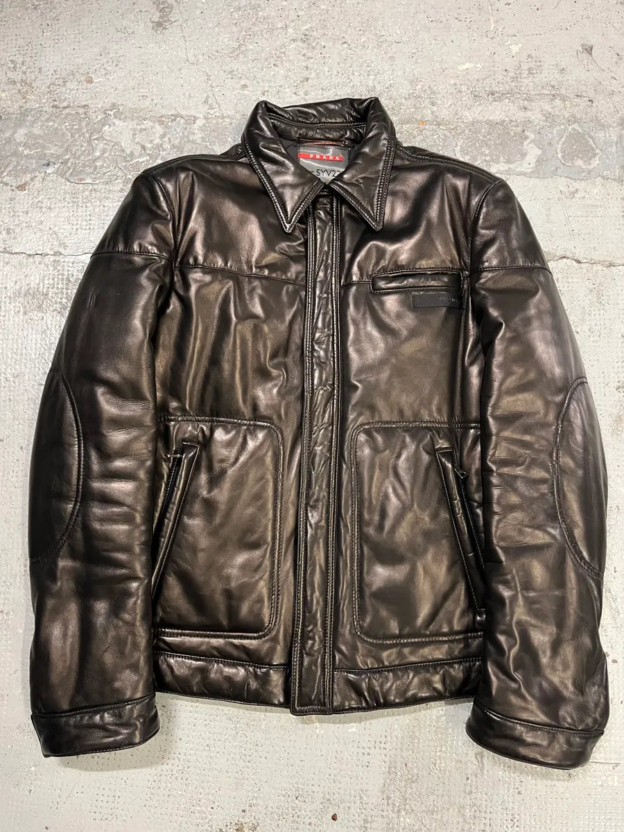 2000s Prada Brown Leather Bomber Jacket ZlqmkDt 0