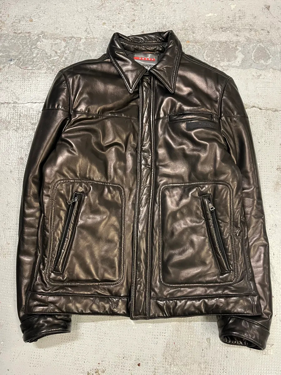 2000s Prada Brown Leather Bomber Jacket ZlqmkDt 3