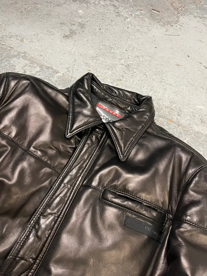 2000s Prada Brown Leather Bomber Jacket ZlqmkDt 4