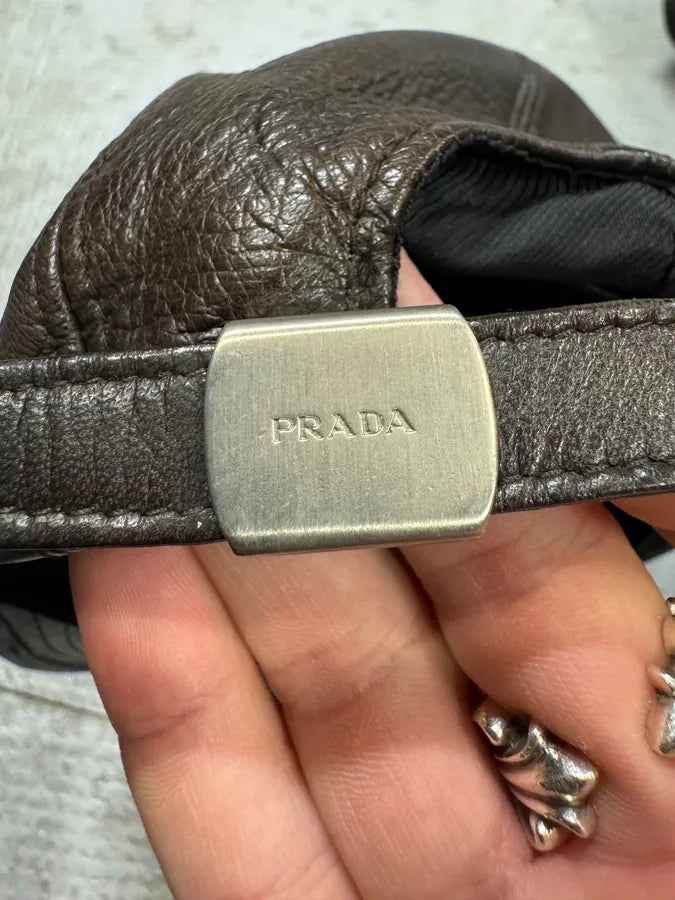 2000s Prada Brown Leather Cap (OS) dBKVzDu 3