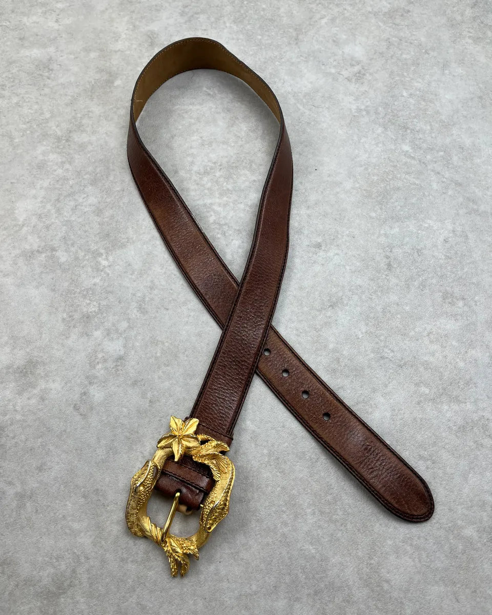 2000s Prada Brown Leather Gold Metal Snake Buckle Belt BGjgVPk 0