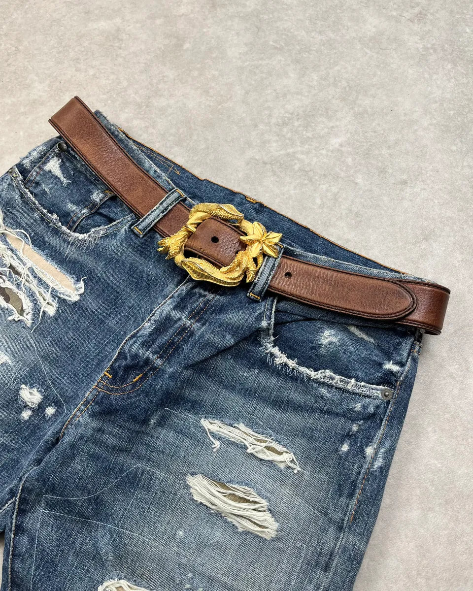 2000s Prada Brown Leather Gold Metal Snake Buckle Belt BGjgVPk 1