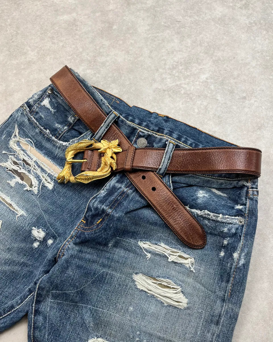 2000s Prada Brown Leather Gold Metal Snake Buckle Belt BGjgVPk 2