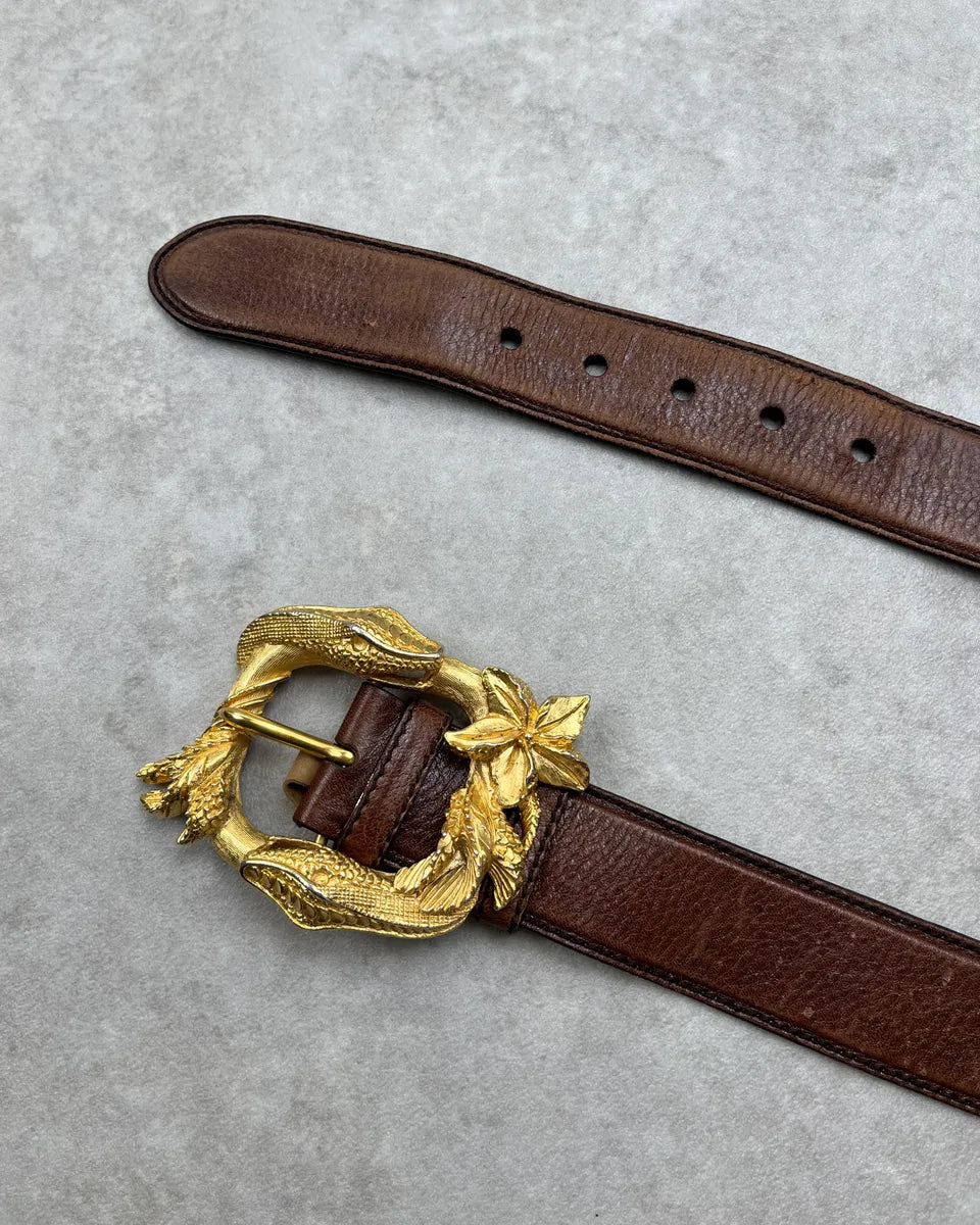 2000s Prada Brown Leather Gold Metal Snake Buckle Belt BGjgVPk 3