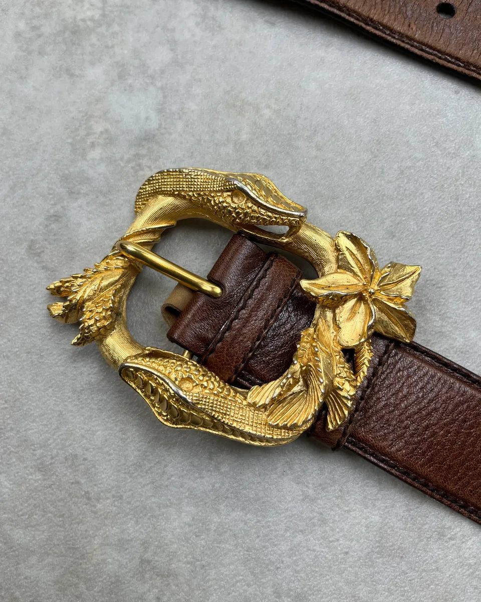 2000s Prada Brown Leather Gold Metal Snake Buckle Belt BGjgVPk 4
