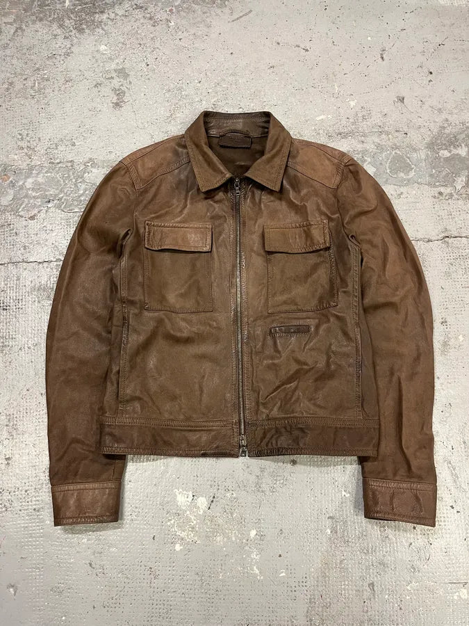 2000s Prada Brown Leather Zip-Up Jacket PSbOpyL 0
