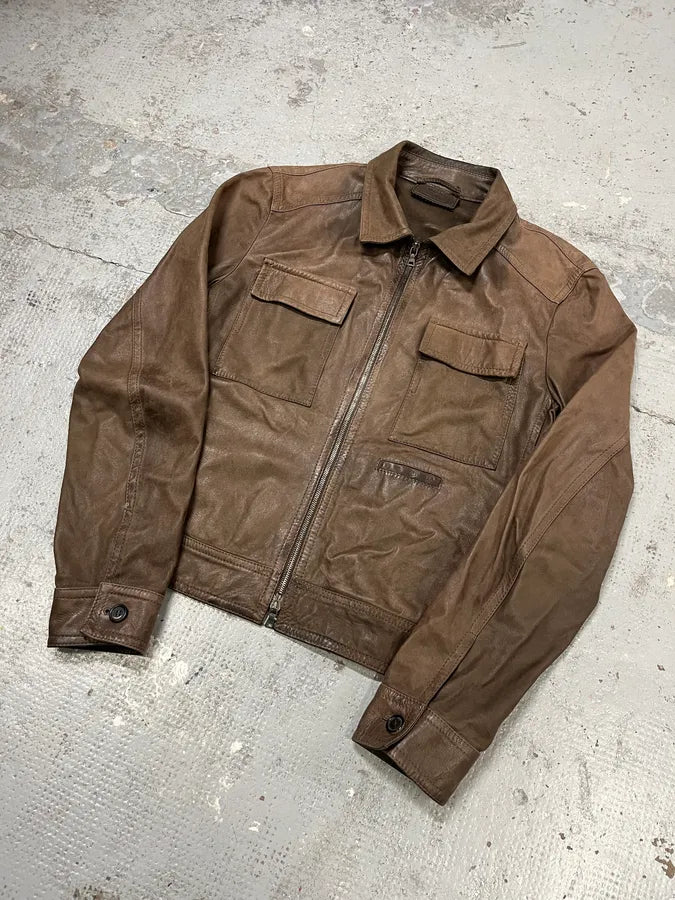 2000s Prada Brown Leather Zip-Up Jacket PSbOpyL 3