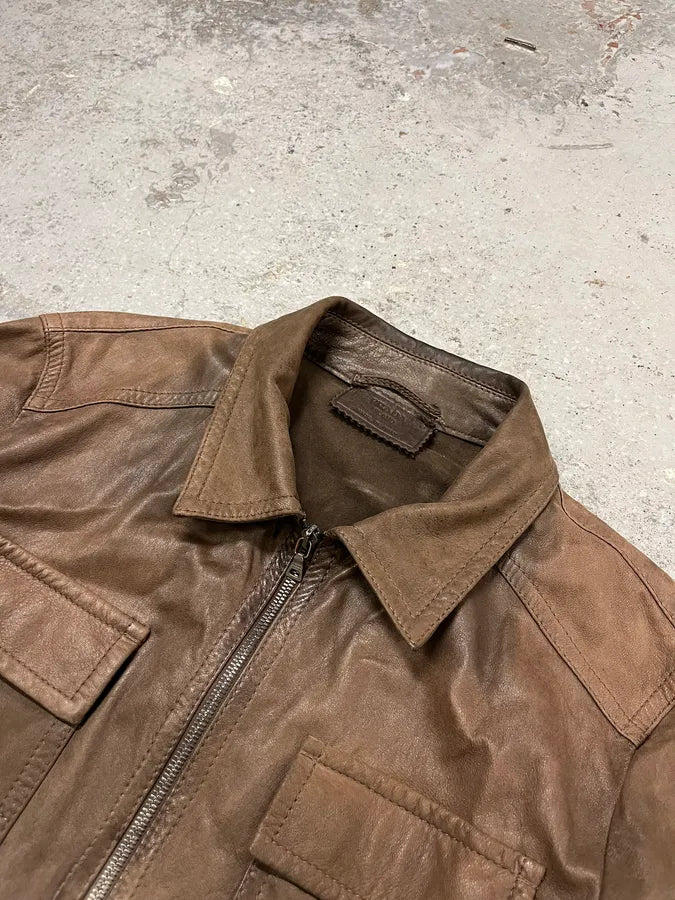 2000s Prada Brown Leather Zip-Up Jacket PSbOpyL 4