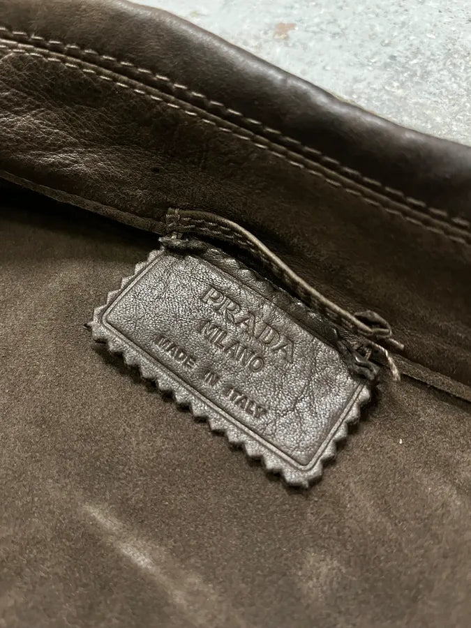 2000s Prada Brown Leather Zip-Up Jacket PSbOpyL 9