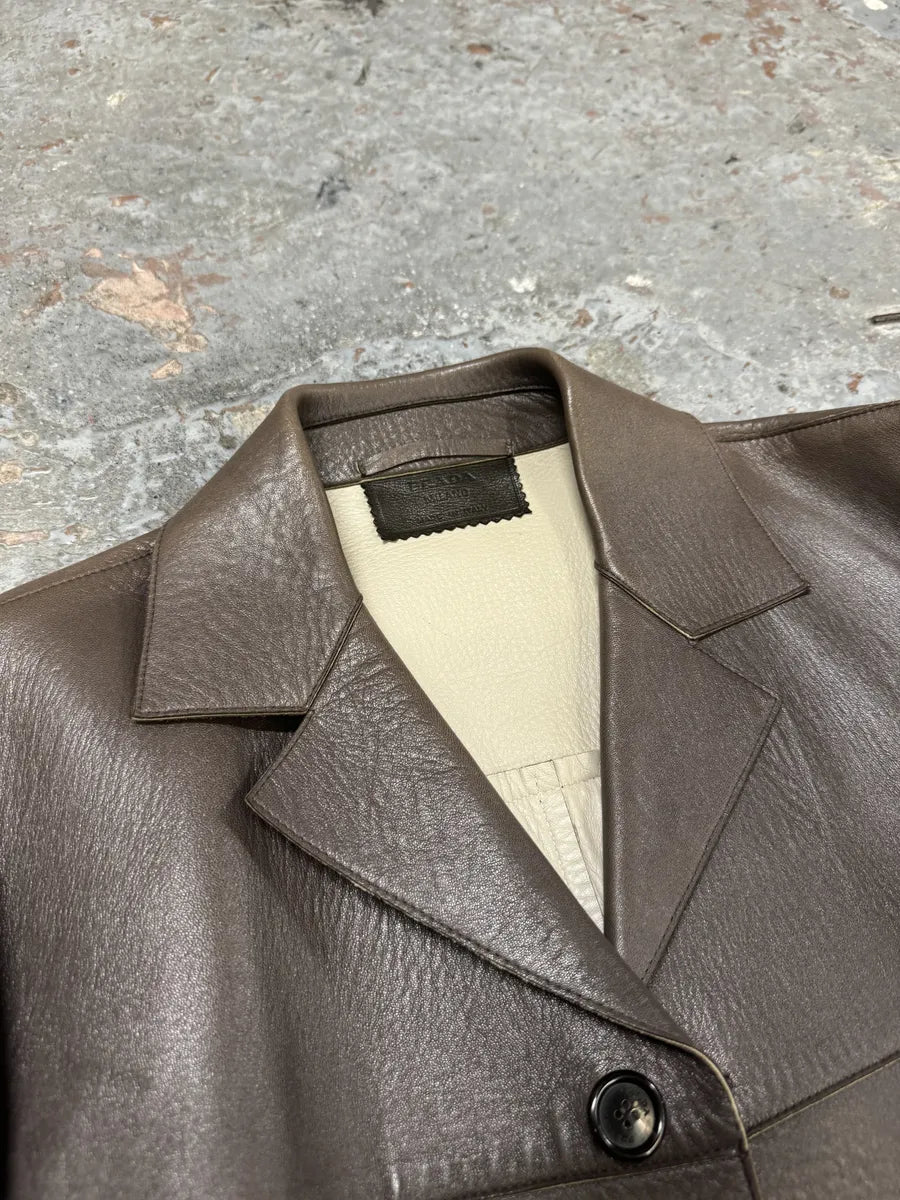 2000s Prada Brown Pure Premium Buttoned Leather Jacket (M/L) RKbmuJr 10