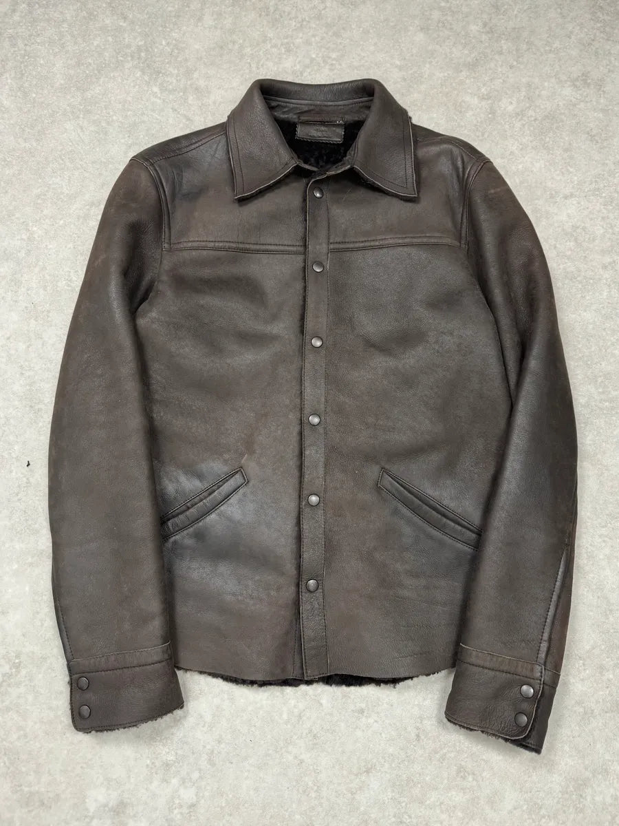 2000s Prada Brown Shearling Leather Buttoned Jacket BprMnkY 0