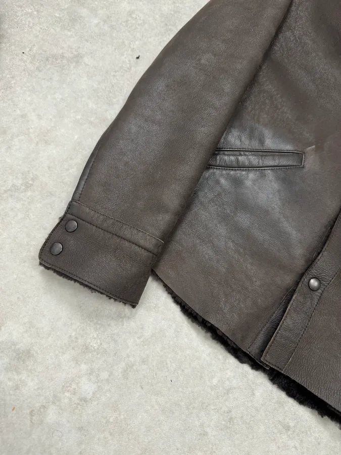 2000s Prada Brown Shearling Leather Buttoned Jacket BprMnkY 5