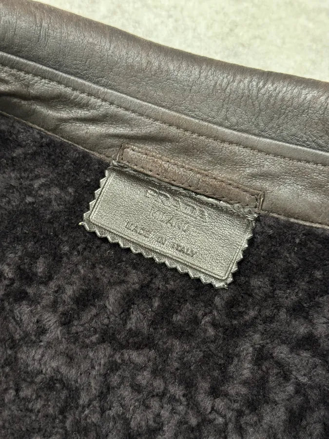 2000s Prada Brown Shearling Leather Buttoned Jacket BprMnkY 8