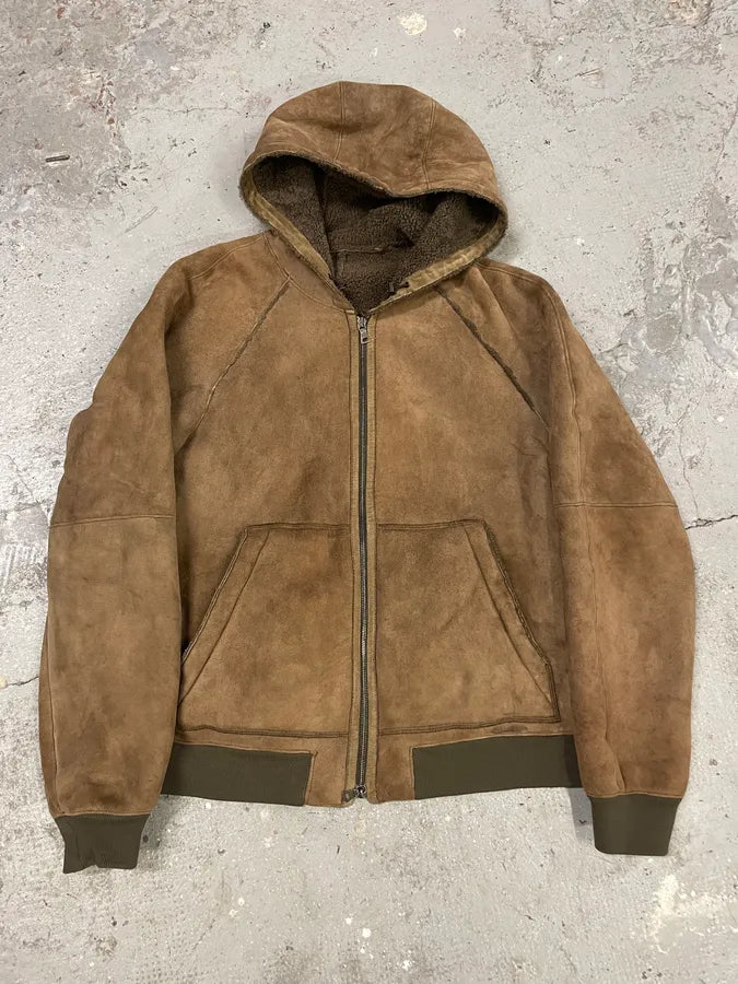 2000s Prada Brown Shearling Leather Hooded Jacket (M/L) AhEnieb 0