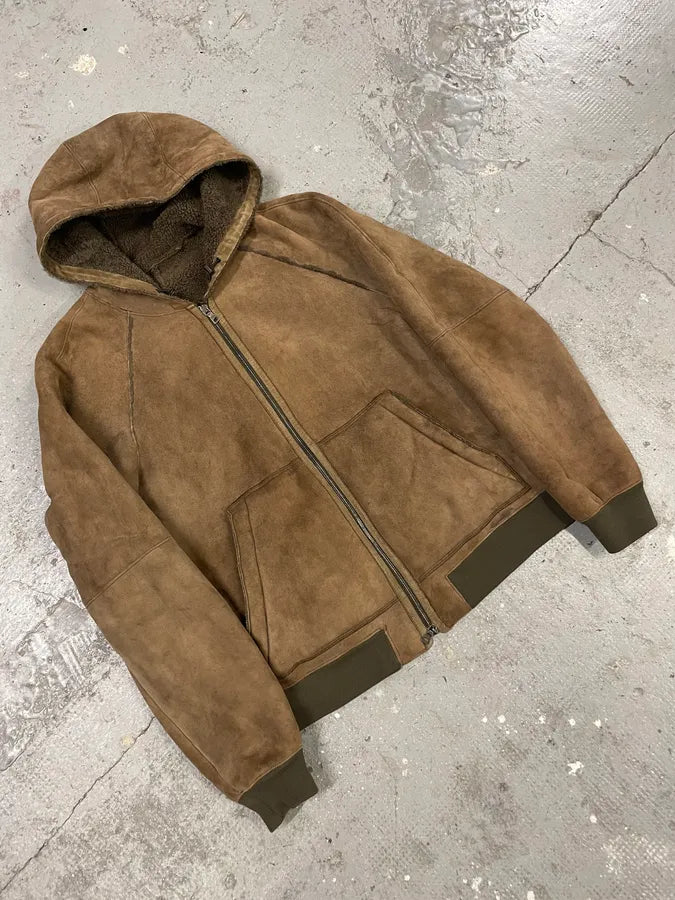 2000s Prada Brown Shearling Leather Hooded Jacket (M/L) AhEnieb 4