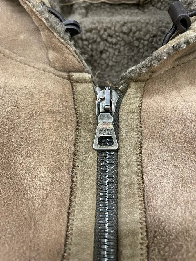 2000s Prada Brown Shearling Leather Hooded Jacket (M/L) AhEnieb 7