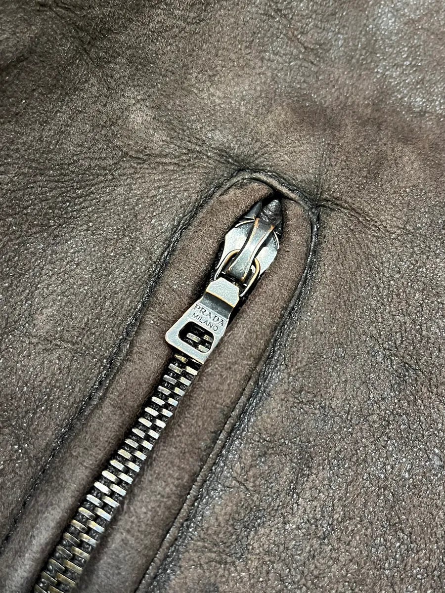 2000s Prada Brown Shearling Leather Jacket CYFxXzz 8