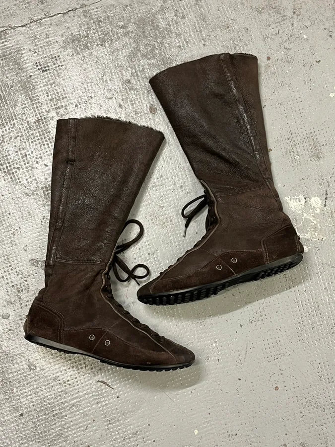 2000s Prada Brown Suede Ankle Boxing Leather Boots yAYRmkd 0